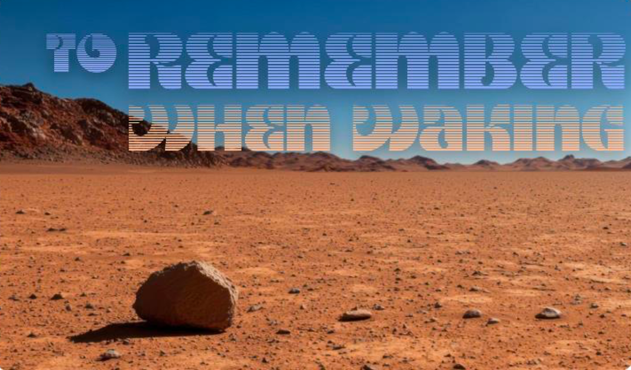 A desert with a lone rock - the text reads “to remember when waking” 
