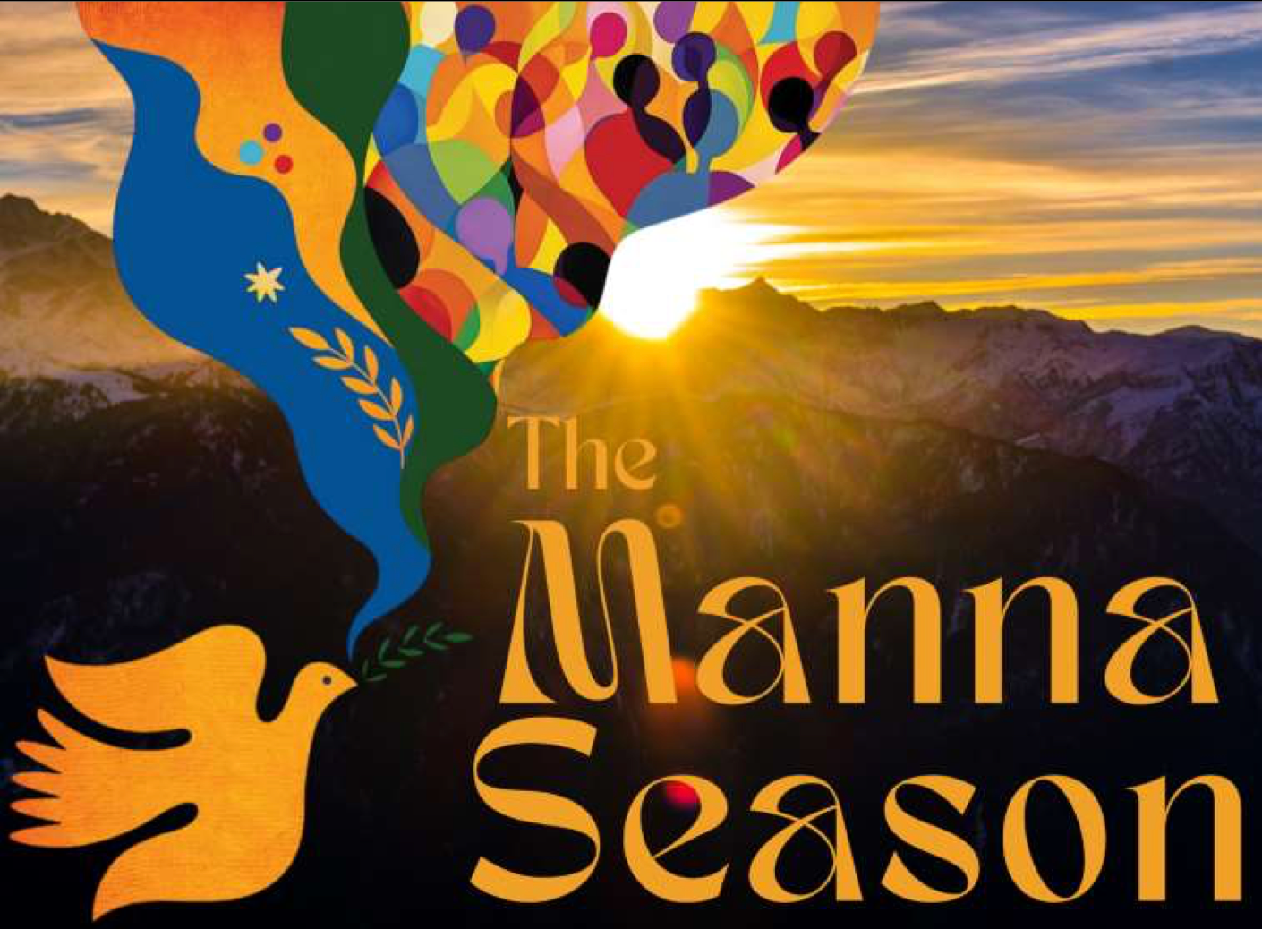 A sunset with a colorful bird graphic over it, text reads ‘the manna season’