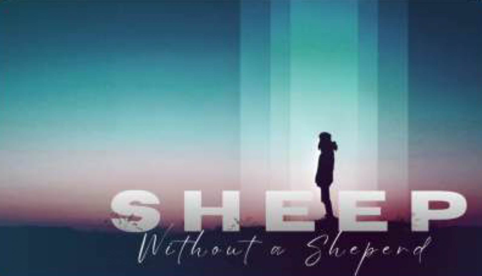A night sky with a lone silhouette of a man, it says ‘sheep without a shepherd’