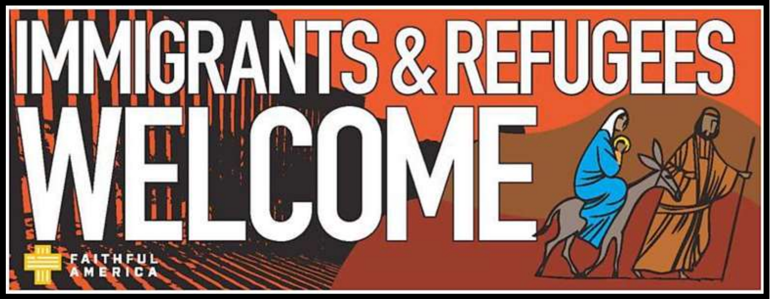 A family escaping, the text reads 'immigrants and refugees welcome'