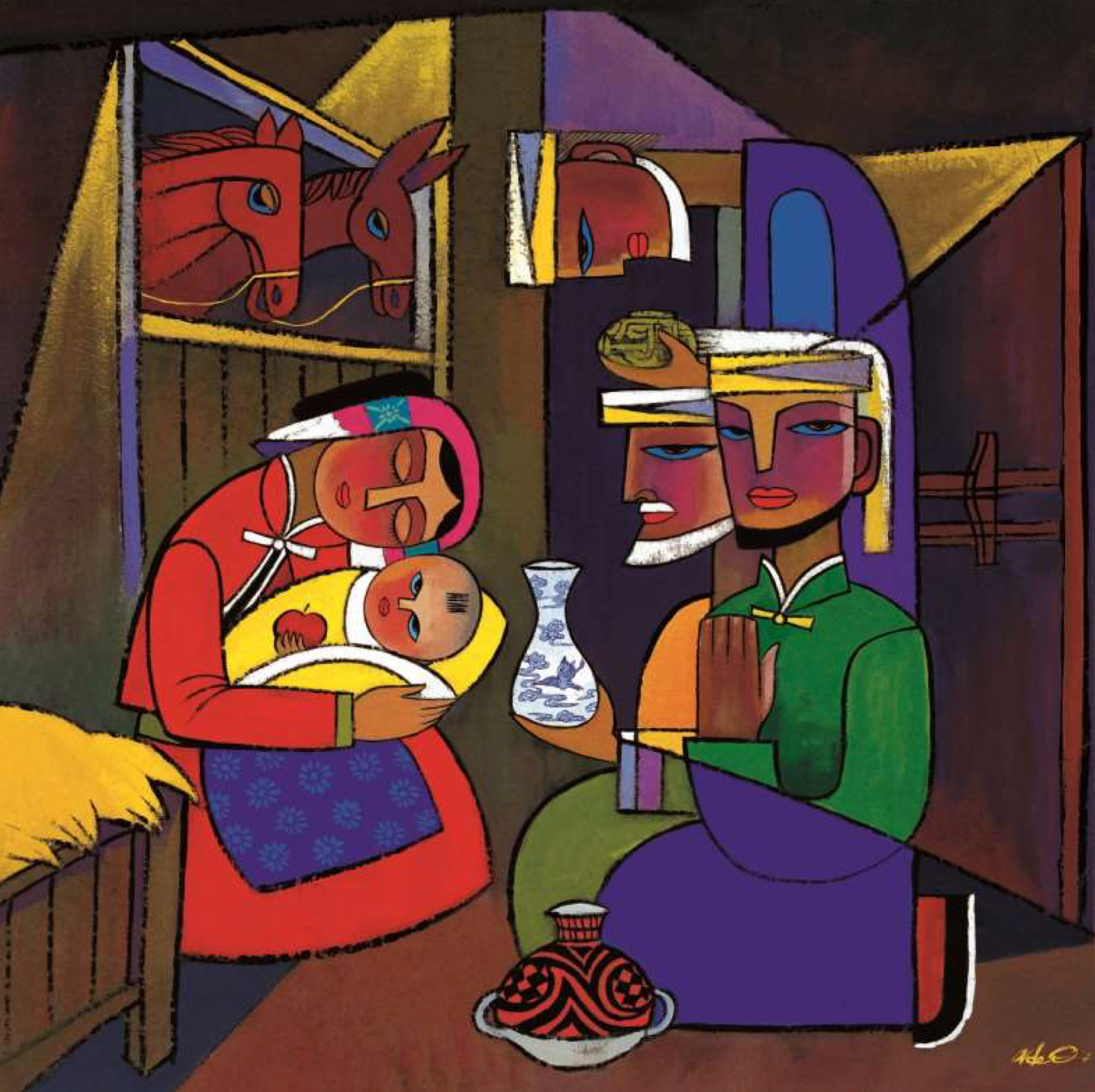 A colorful illustration of the magi delivering gifts to baby Jesus. The Magi, by James He Qi