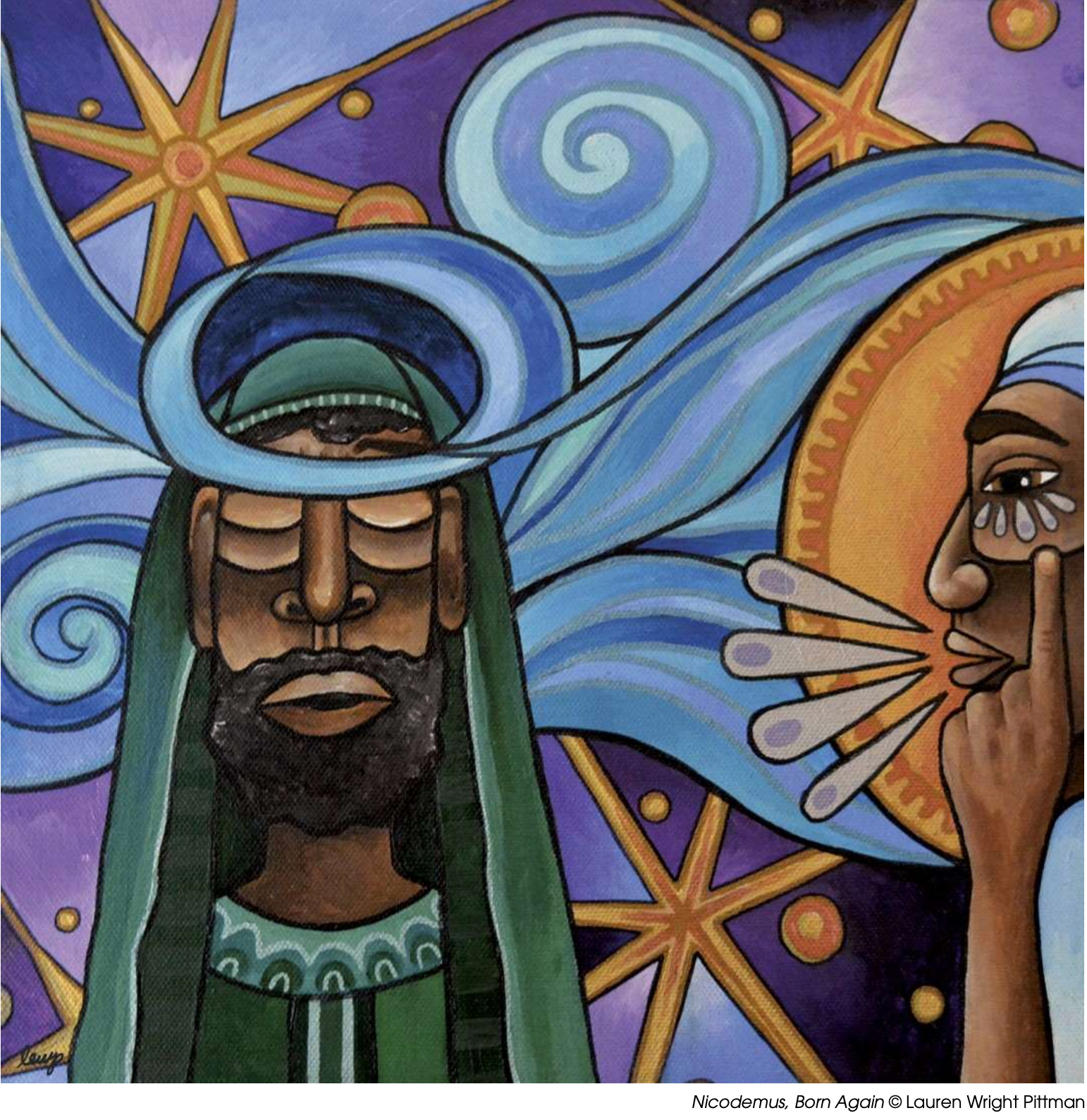 A gorgeous colorful illustration of Nicodemus and stars and clouds swirling behind him