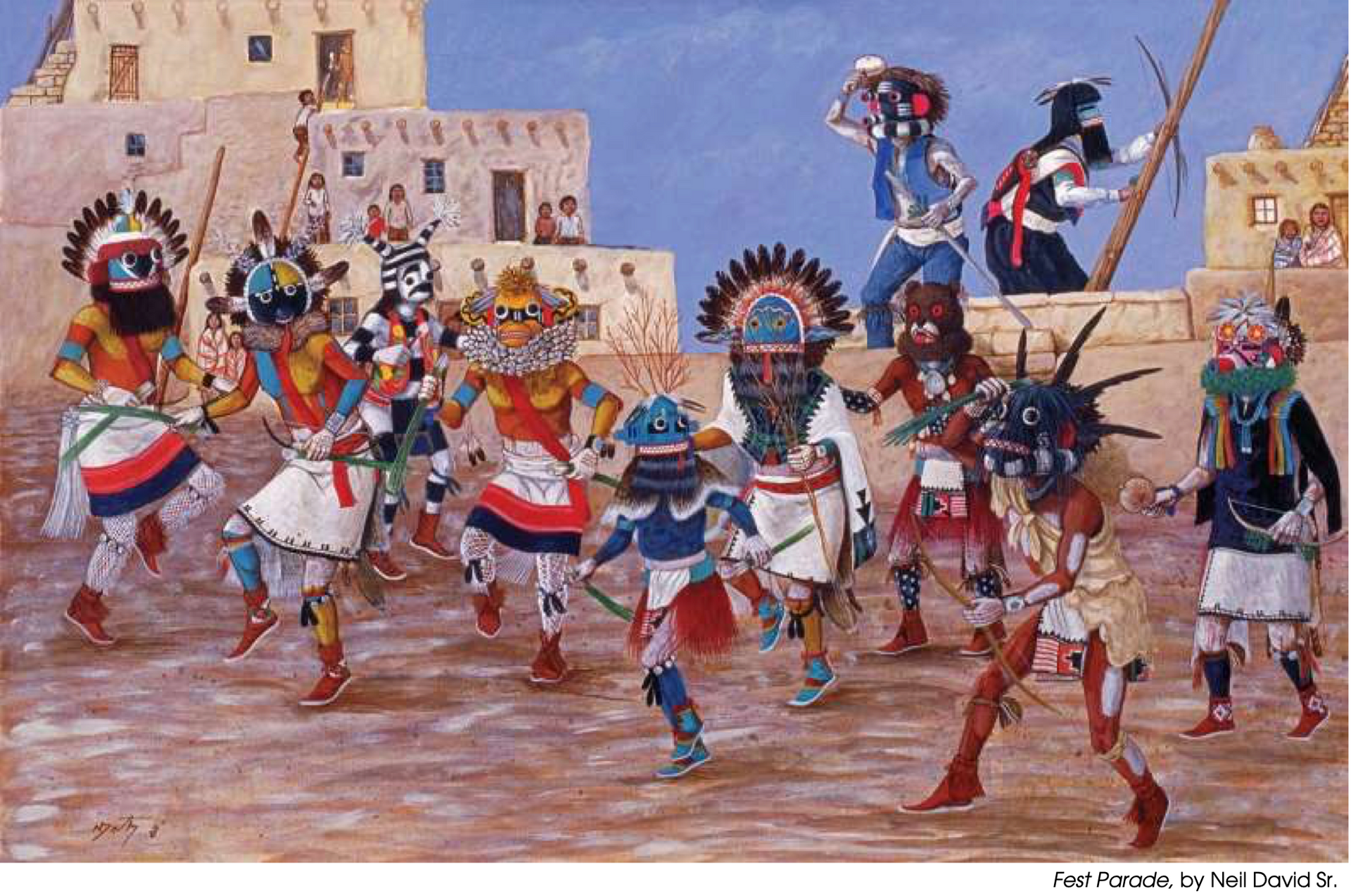 A native indigenous colorful dance dressed in feathers and ritual garb. Fest Parade by Neil David Sr