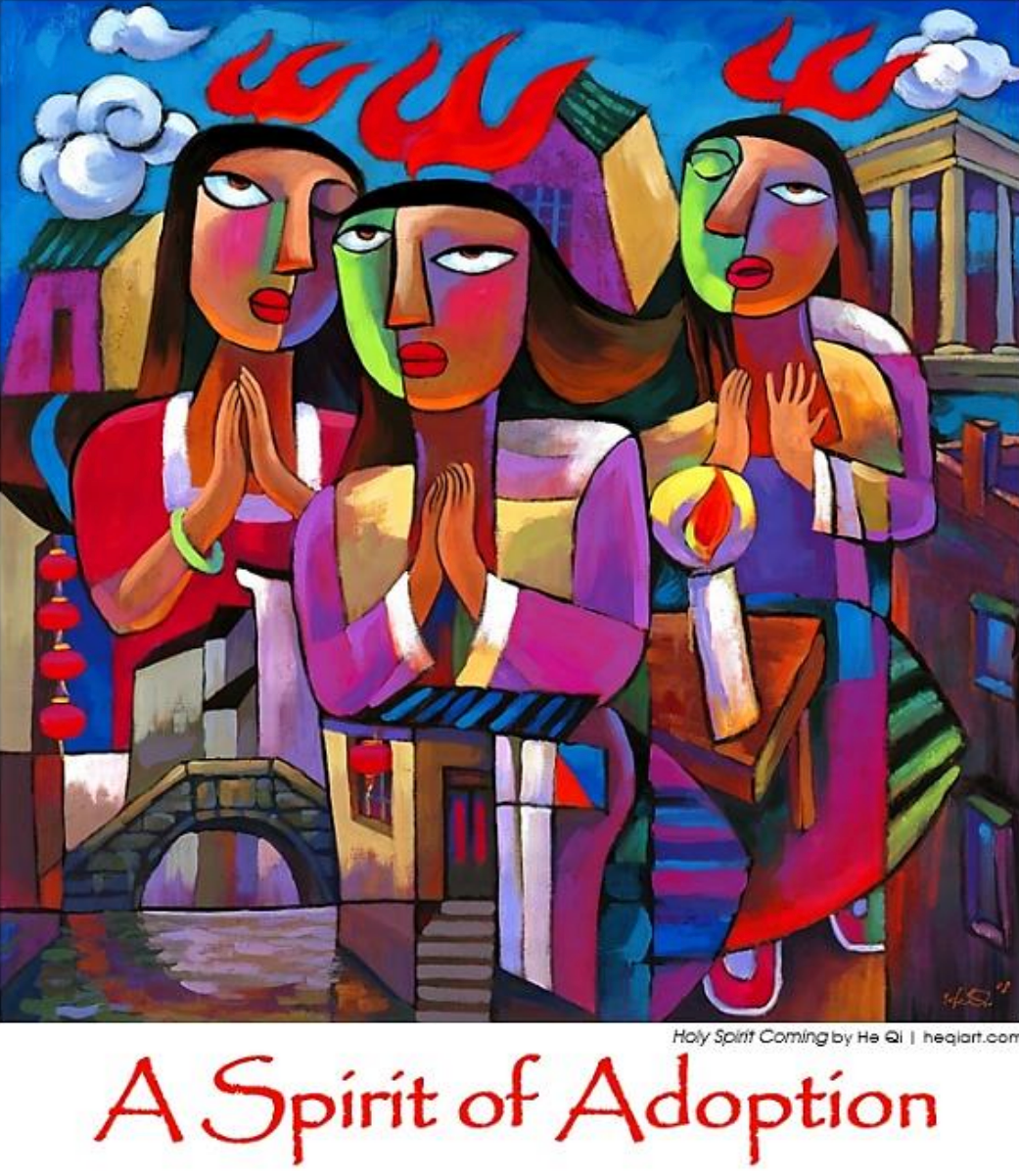 Holy Spirit Coming by He Qi - 3 colorful people with flames praying