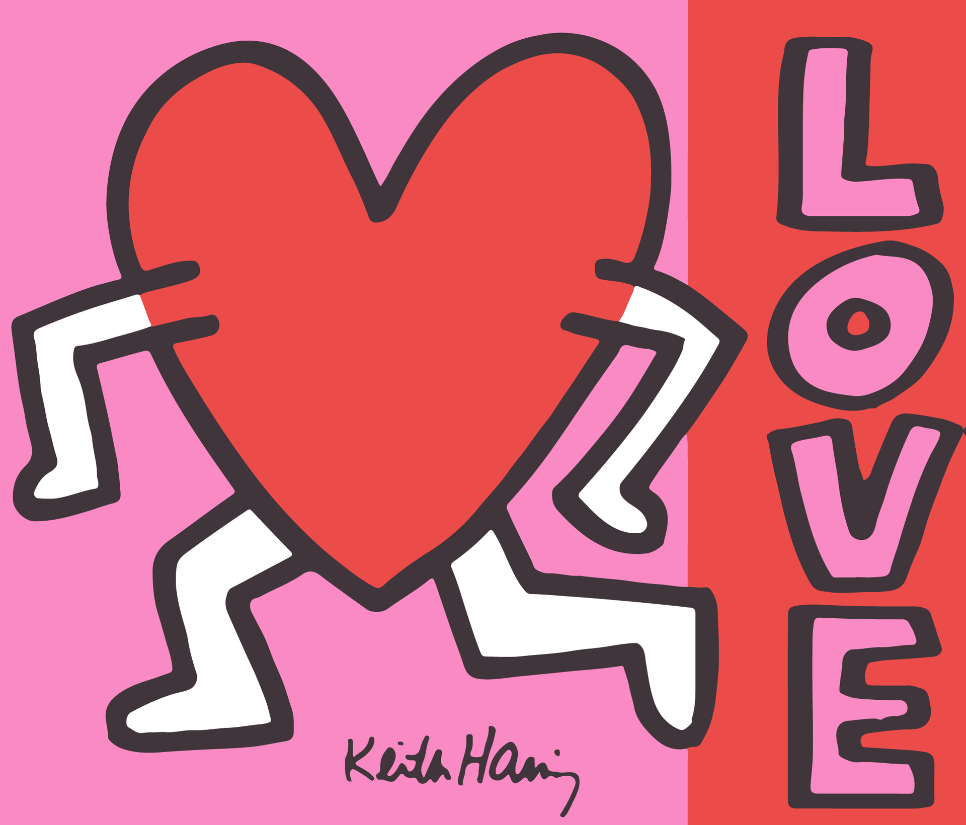 Keith Haring's art - A giant red heart with white legs and arms on a pink background, says 