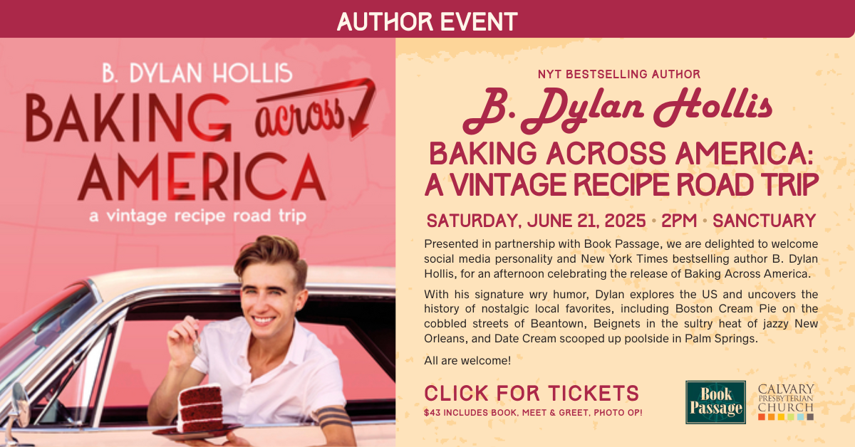 Author Event: B. Dylan Hollis - Saturday, June 21 at 2pm - $43 ticket includes book, photo op, meet & greet - partnership with Book Passage
Presented in partnership with Book Passage, we are delighted to welcome social media personality and New York Times bestselling author B. Dylan Hollis, for an evening celebrating the release of Baking Across America.
With his signature wry humor, Dylan explores the US and uncovers the history of nostalgic local favorites, including Boston Cream Pie on the cobbled streets of Beantown, Beignets in the sultry heat of jazzy New Orleans, and Date Cream scooped up poolside in Palm Springs. Click for tickets!