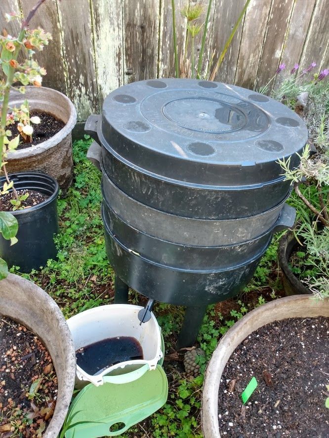 Compost bins in a garden. Lots of leaves and dirt.