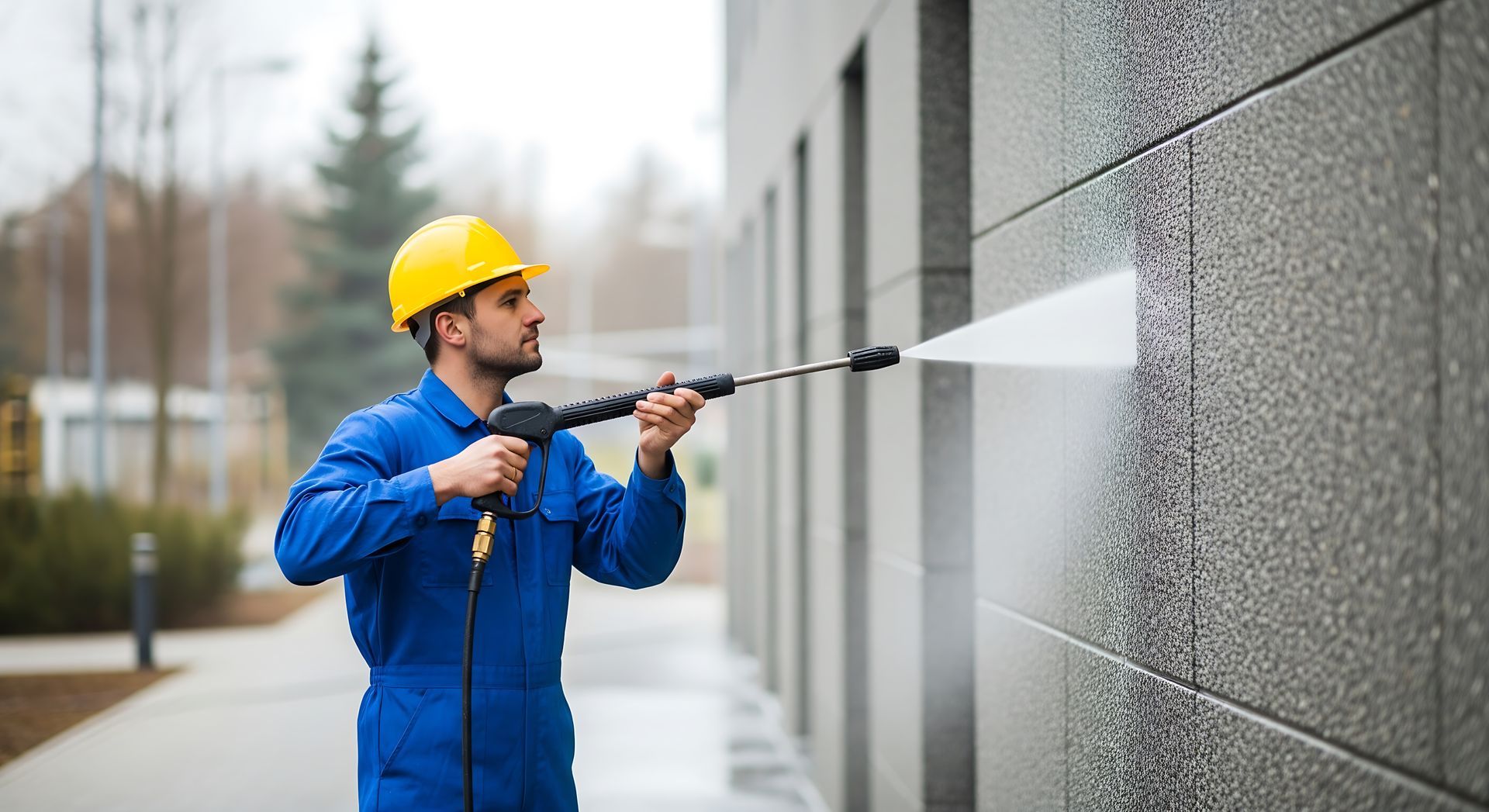 Man using a pressure washer on a building for professional building exterior pressure washing.