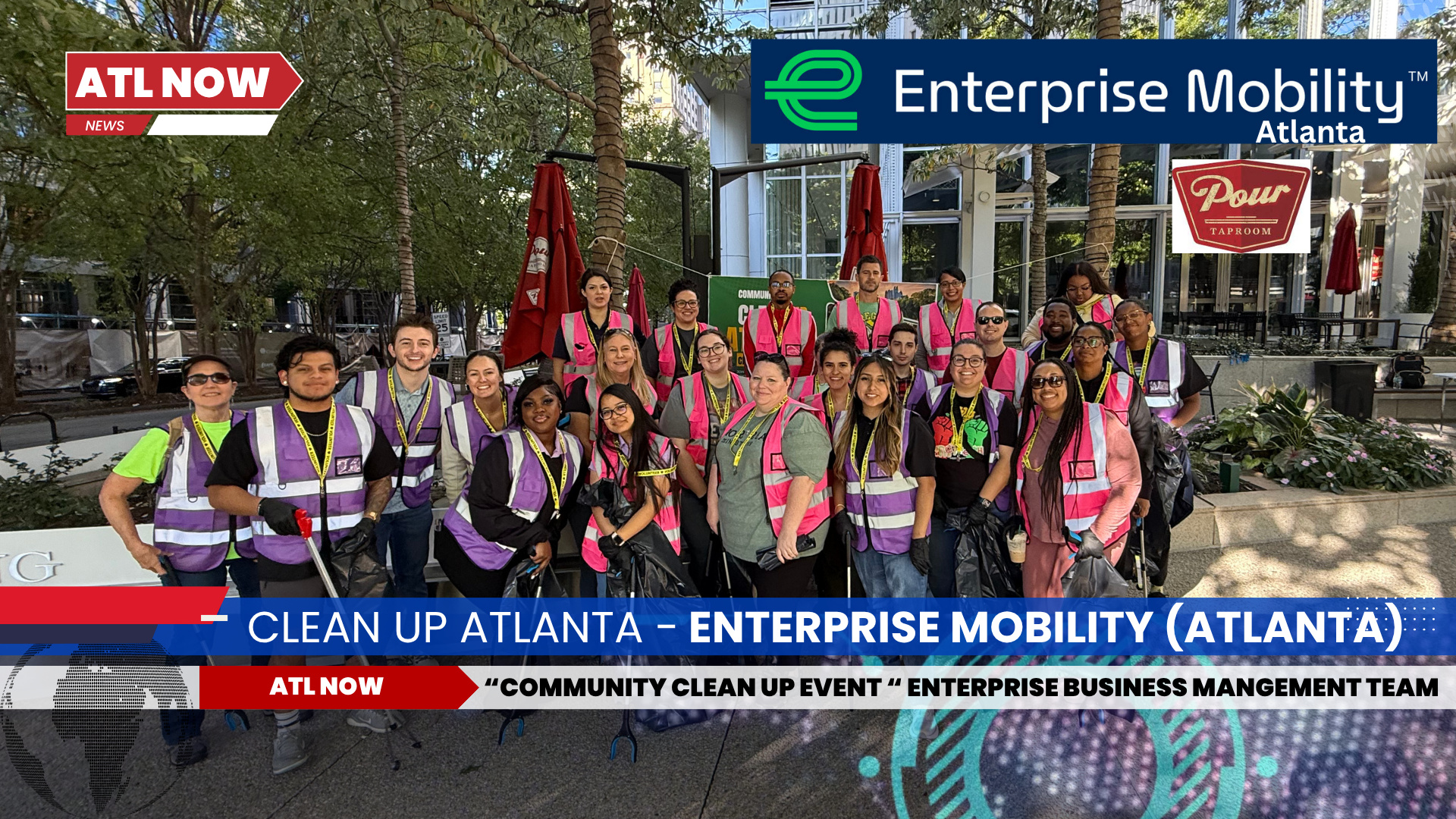 Group of people in vests cleaning up outside; Enterprise Mobility Atlanta logo is visible.