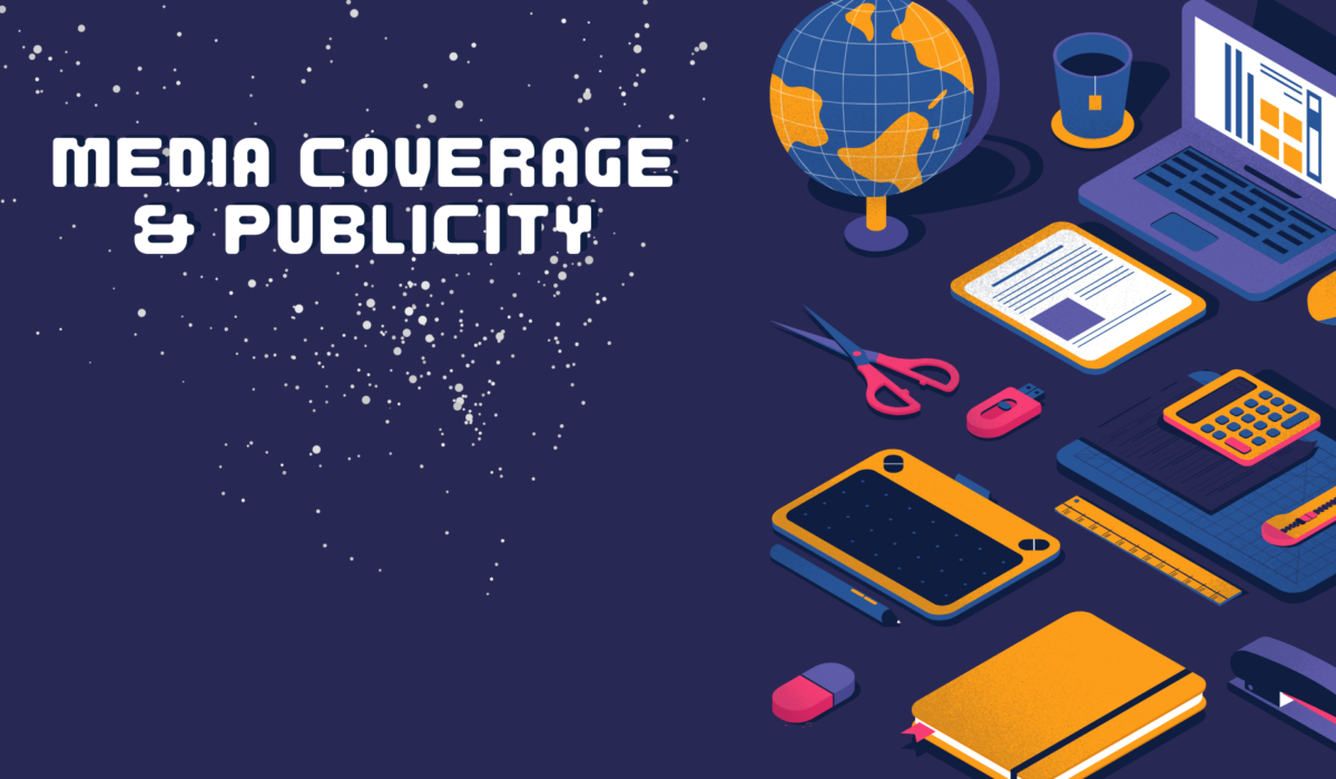 Media coverage and publicity graphic with desk supplies, globe, and laptop against a dark blue background.