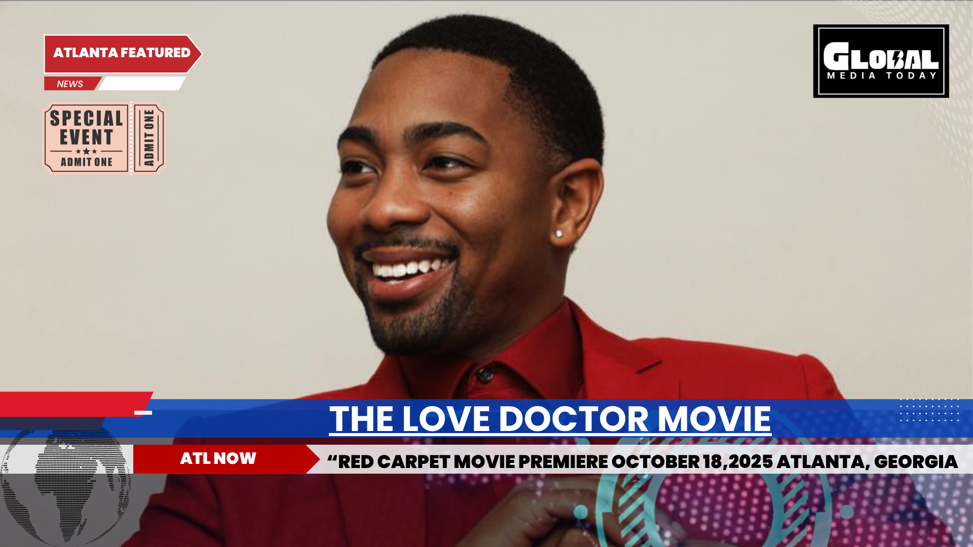 Man smiling, red suit, 