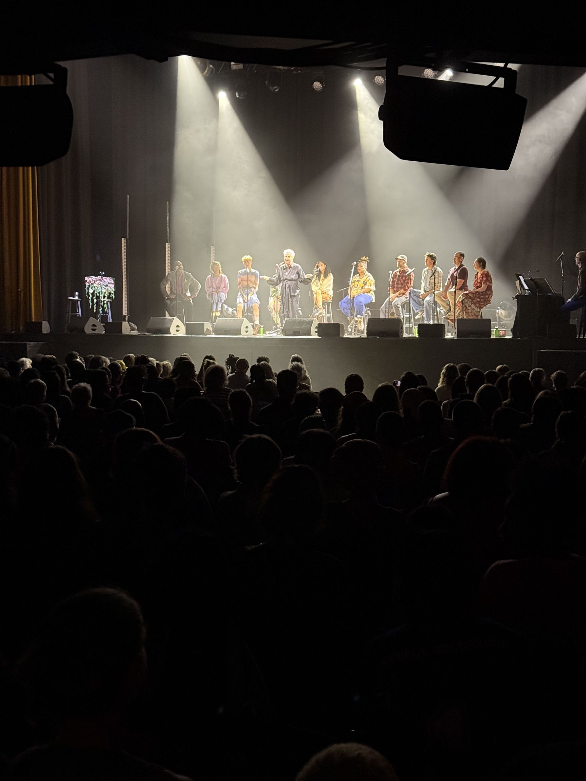 Concert stage with performers under bright spotlights. Audience in dark seats fills foreground.