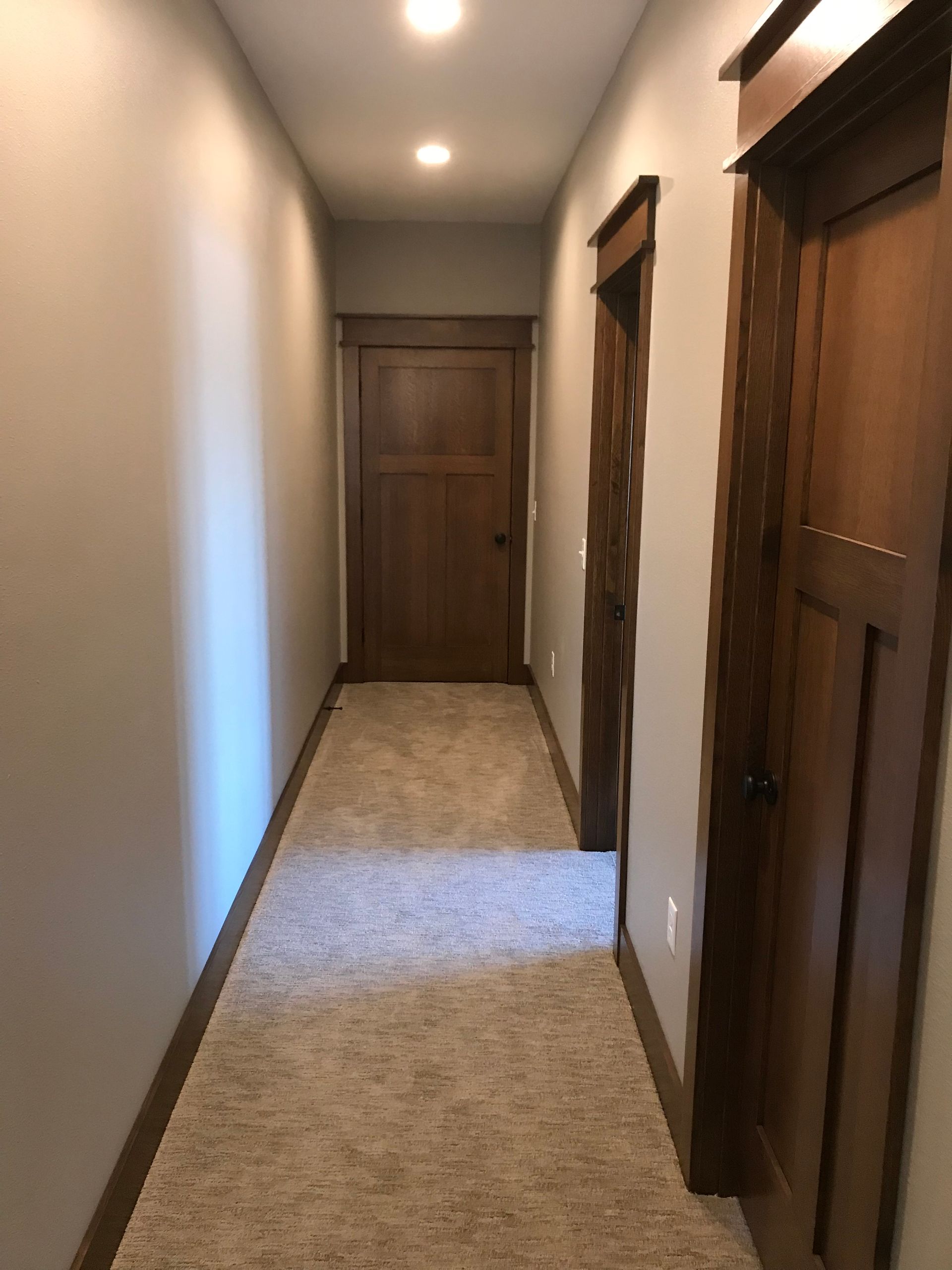 A long hallway with a carpeted floor and wooden doors