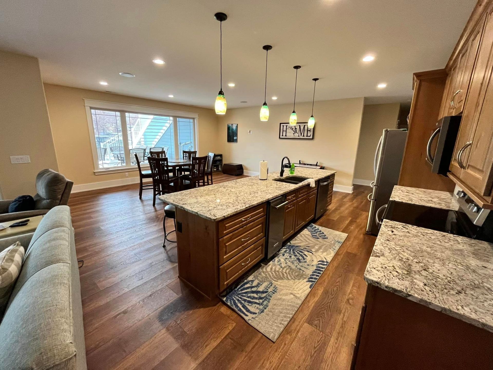 There is a large island in the middle of the kitchen.