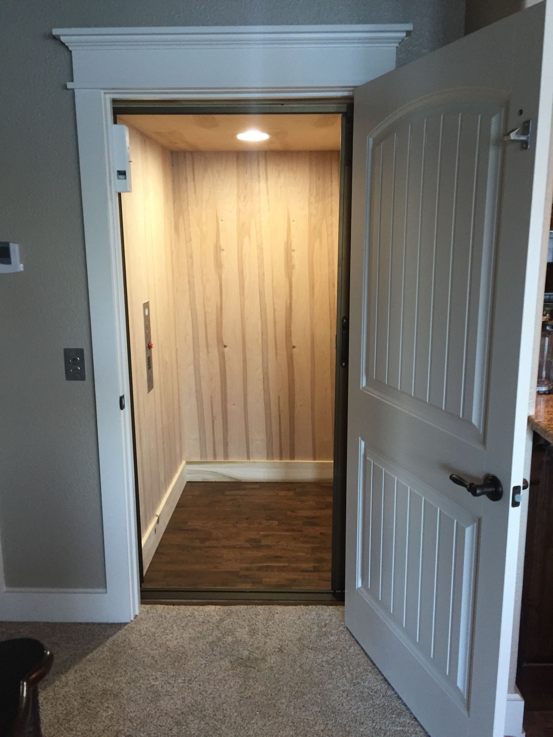 A door is open to an elevator in a room.