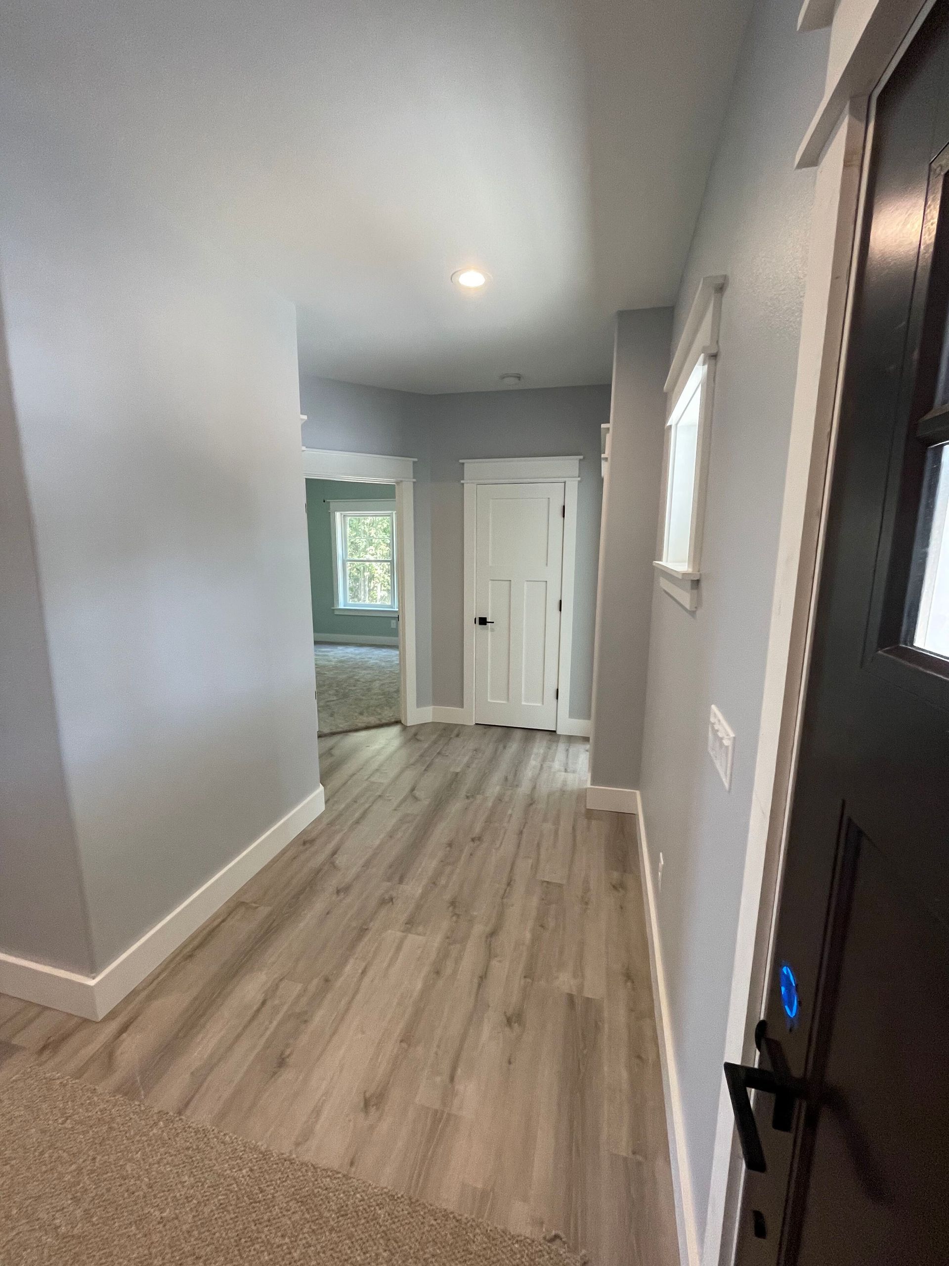A hallway in a house with hardwood floors and a black door.