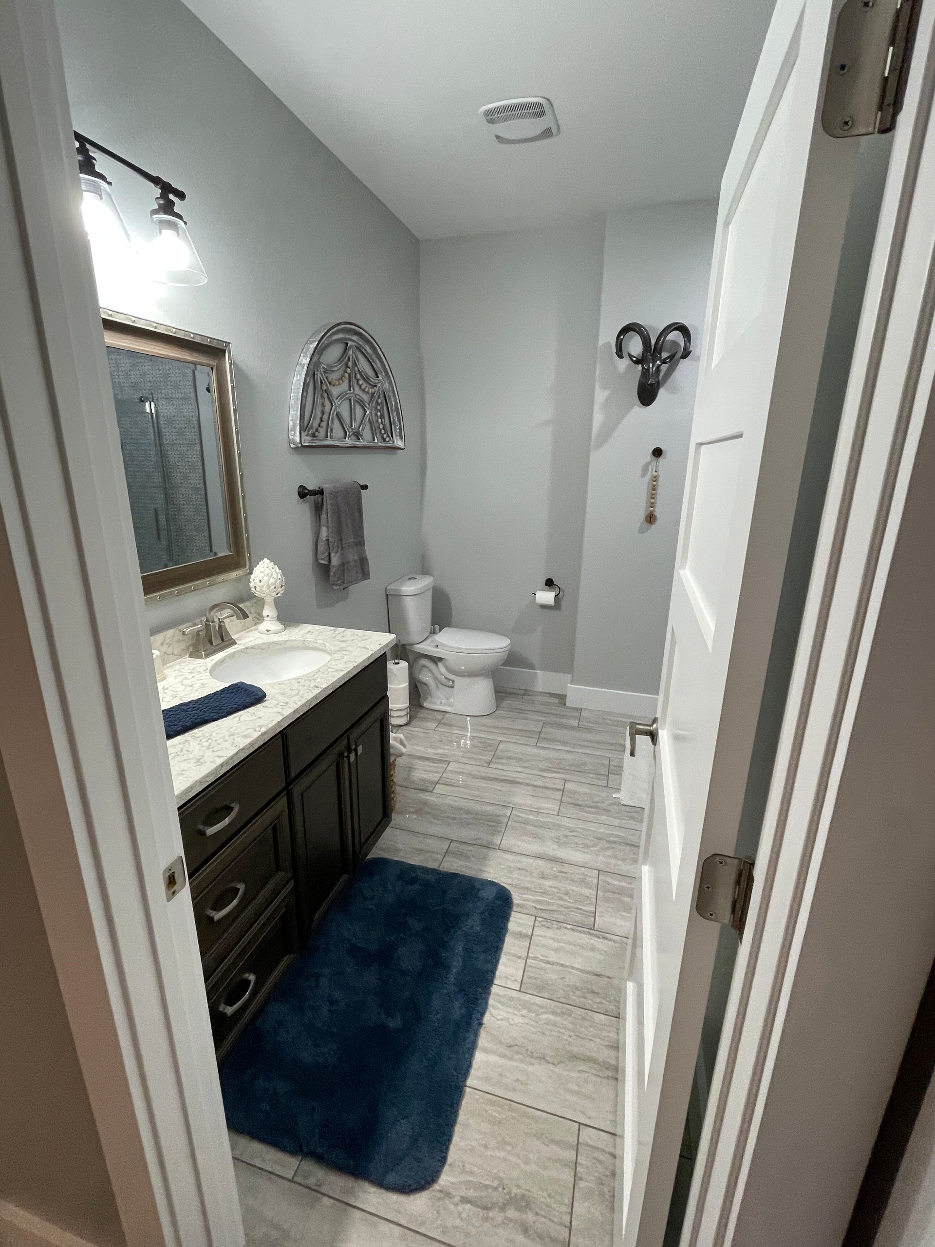 A bathroom with a sink , toilet , and mirror.