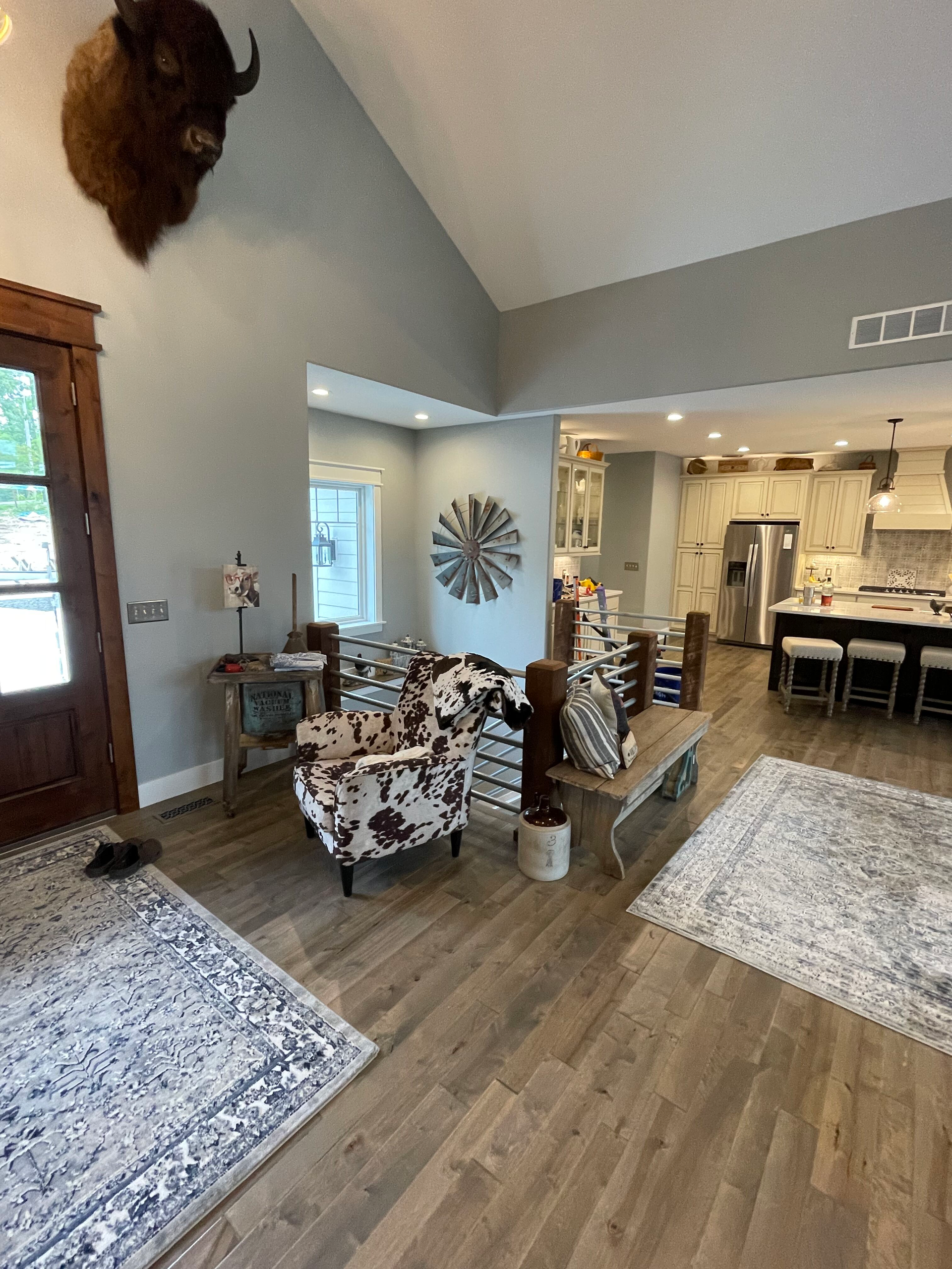 A living room with a buffalo head on the wall and a rug.