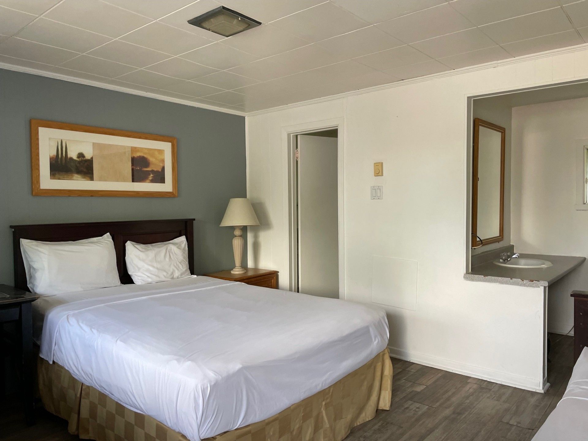 Une chambre d'hôtel avec un lit king size et un lavabo