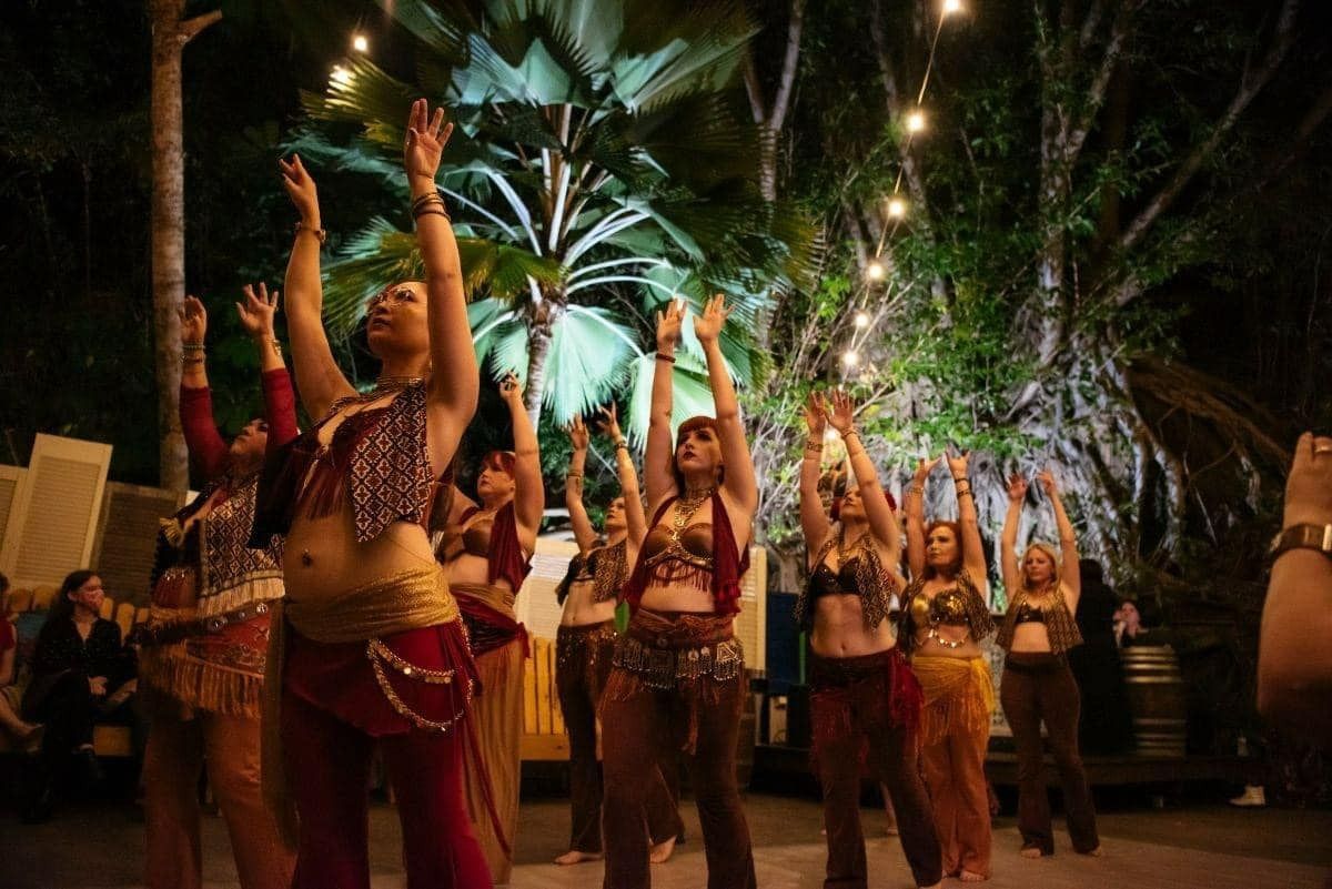 A Group Of Women Are Dancing In A Line With Their Arms In The Air — Global Dance Collective In West End, QLD