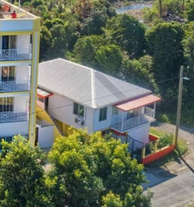 White and yellow building with a metal roof surrounded by trees, a road, and a glimpse of water.