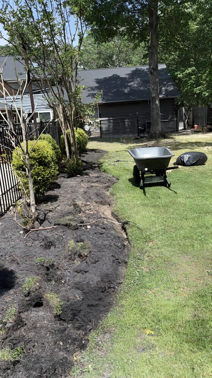 Mulched garden bed beside a grassy yard with a black wheelbarrow and a house in the background