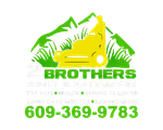 Logo for Two Brothers and a Mower: yellow mower icon, green text listing services & phone number 609-369-9783