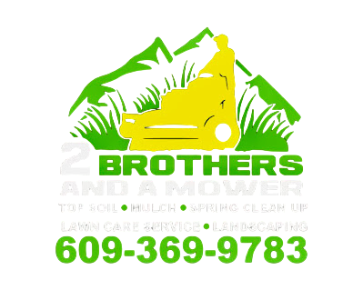 Logo for Two Brothers and a Mower: yellow mower icon, green text listing services & phone number 609-369-9783
