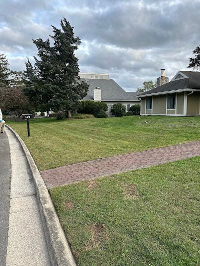A brick walkway cuts across a grassy lawn towards two suburban houses under a cloudy sky
