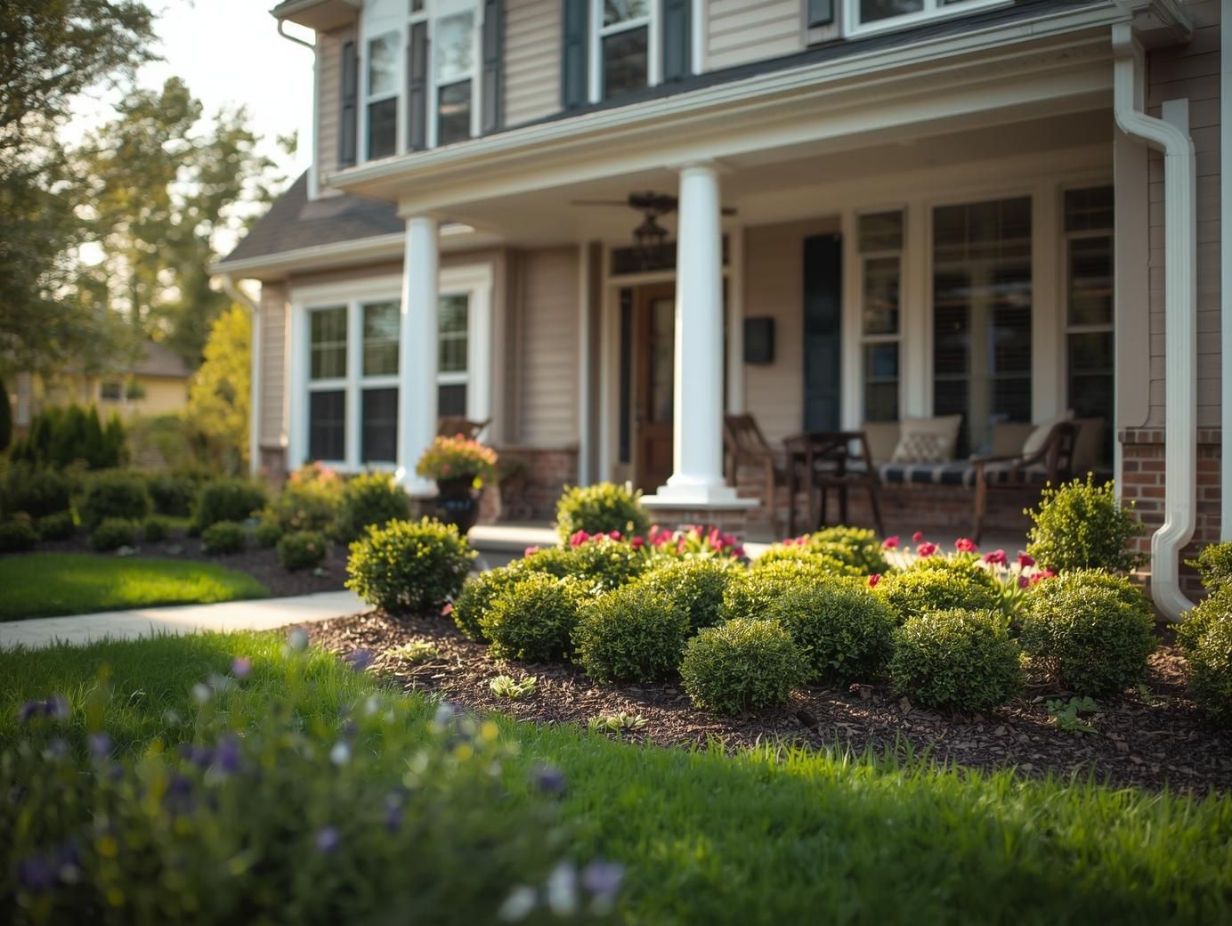 A house with a front porch, columns, and a well-landscaped yard featuring small green shrubs in mulch beds