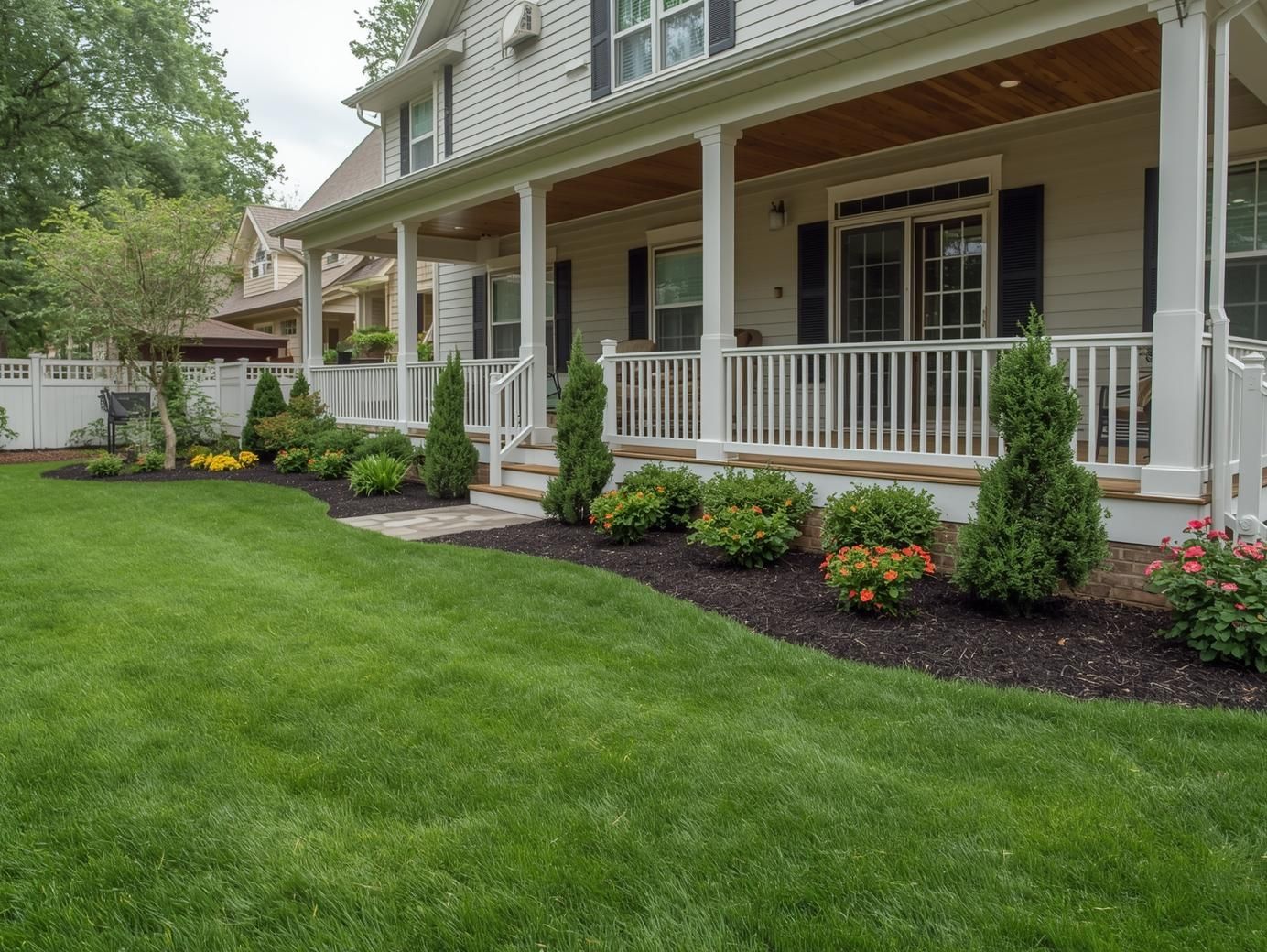 A two-story house in galloway, nj, with a white front porch and railings with garden bed, shrubs and green grass