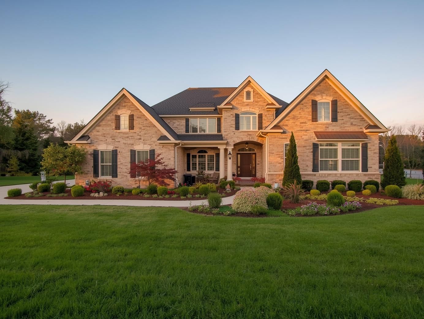 A two-story brick suburban house with black shutters, a dark shingled roof, and a manicured lawn under a sunny sky