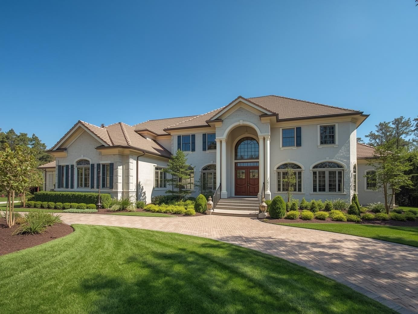 A large, beige, two-story house with a brown tile roof and a gravel driveway set against a clear blue sky