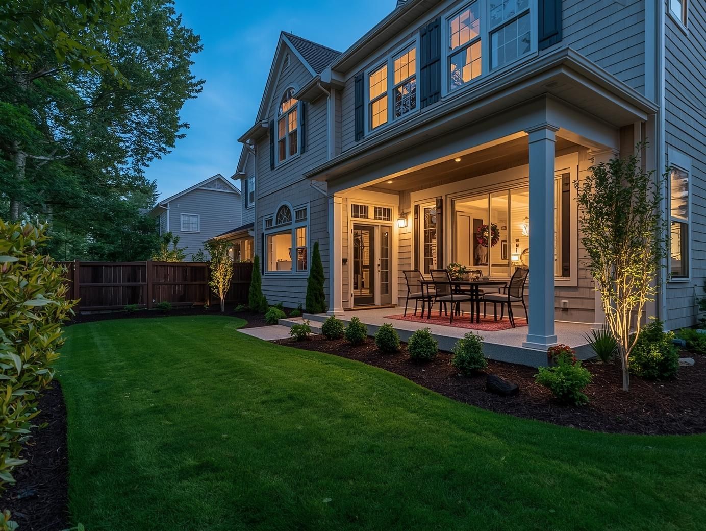 A lit covered patio and backyard of a two-story suburban home at twilight