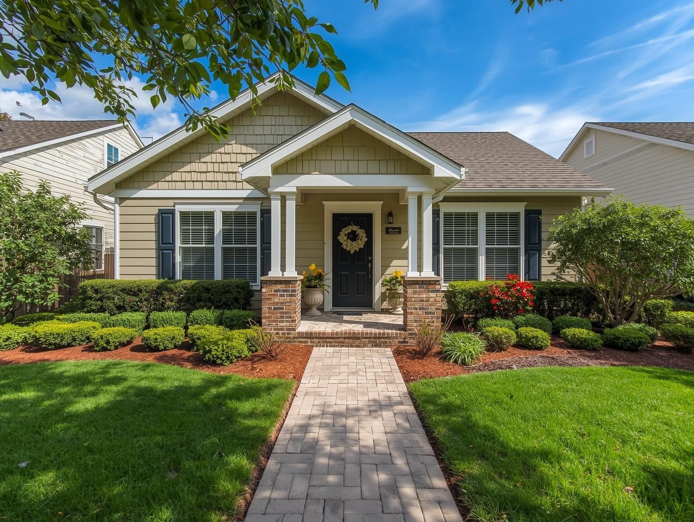 A tan, single-story house with a brick entryway, a black front door with a wreath, and a manicured lawn under a blue sky
