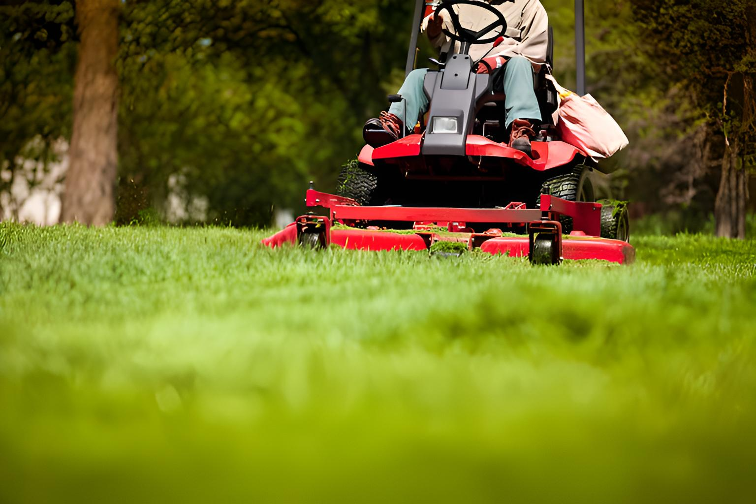 A person rides a red lawn mower across a green grassy yard