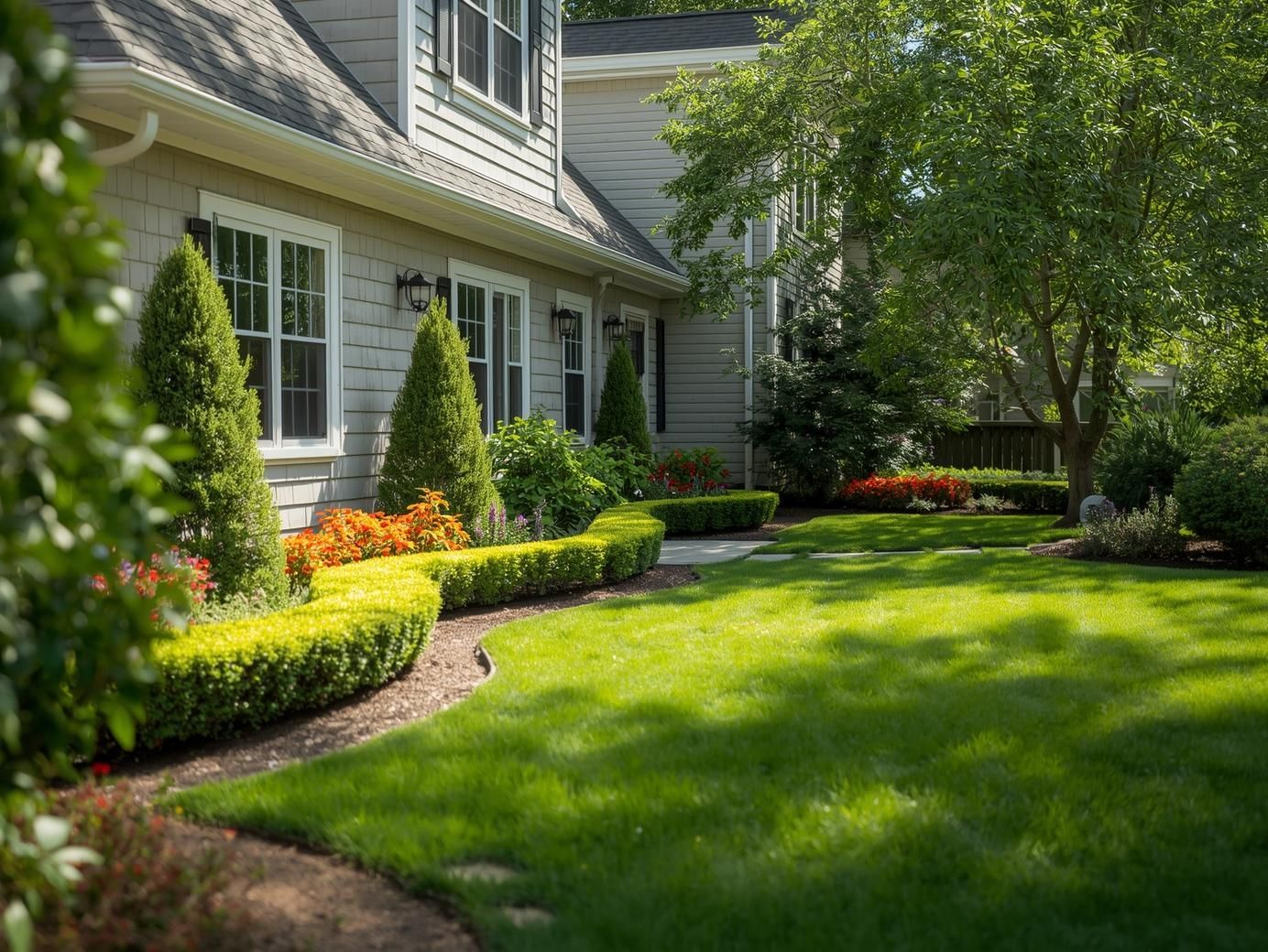 A well-maintained green lawn borders a neat hedge and landscaped garden in front of a gray, multi-story house