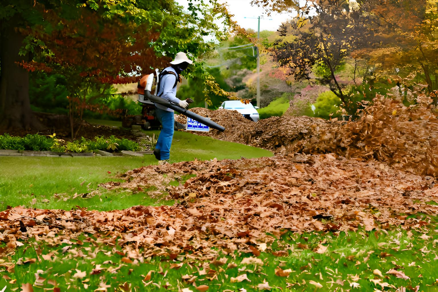 A person wearing a wide-brimmed hat uses a backpack leaf blower to clear brown fall leaves on a green residential lawn