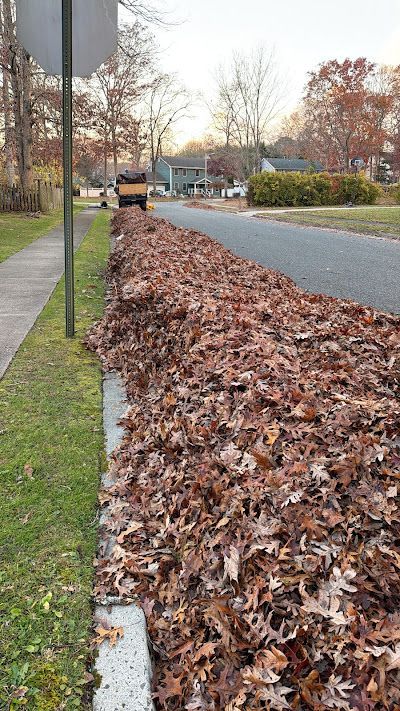 A large, long pile of dry brown autumn leaves sits along the curb of a suburban street, with a leaf truck visible ahead