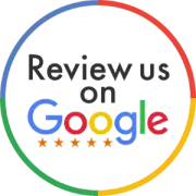 A circular badge with a colorful outline reading 