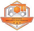 Logo for Hernandez Hauling & Junk Removal, featuring a gray truck, orange hexagon, and three stars in a geometric shape.