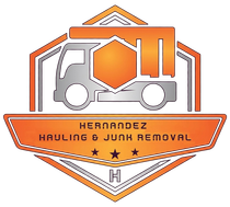 Logo for Hernandez Hauling & Junk Removal, featuring a gray truck, orange hexagon, and three stars in a geometric shape.