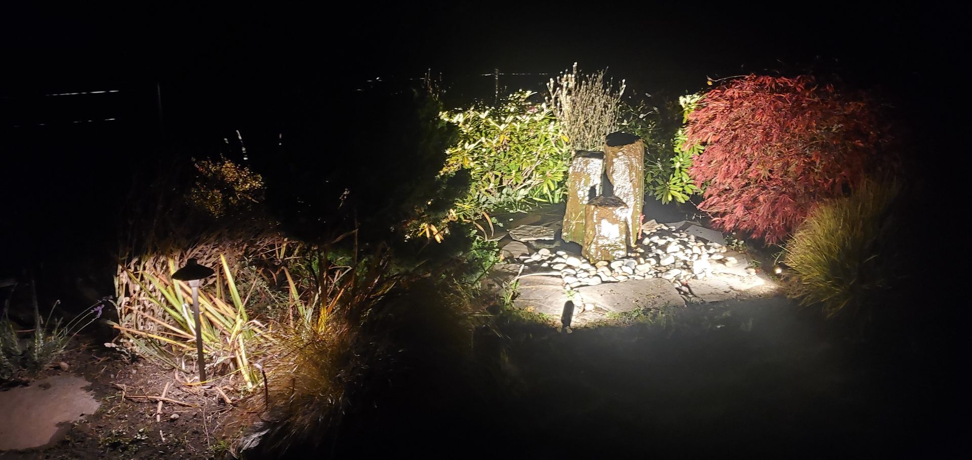 Night view of illuminated landscaping: bushes and a stone structure lit by spotlights.