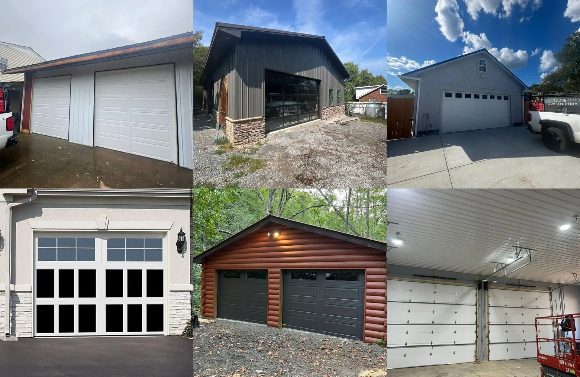 A collage of six garage door exteriors in various styles and materials, outdoors.