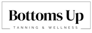 The logo for bottoms up tanning and wellness is black and white.
