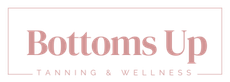 The logo for bottoms up tanning and wellness is pink and white.