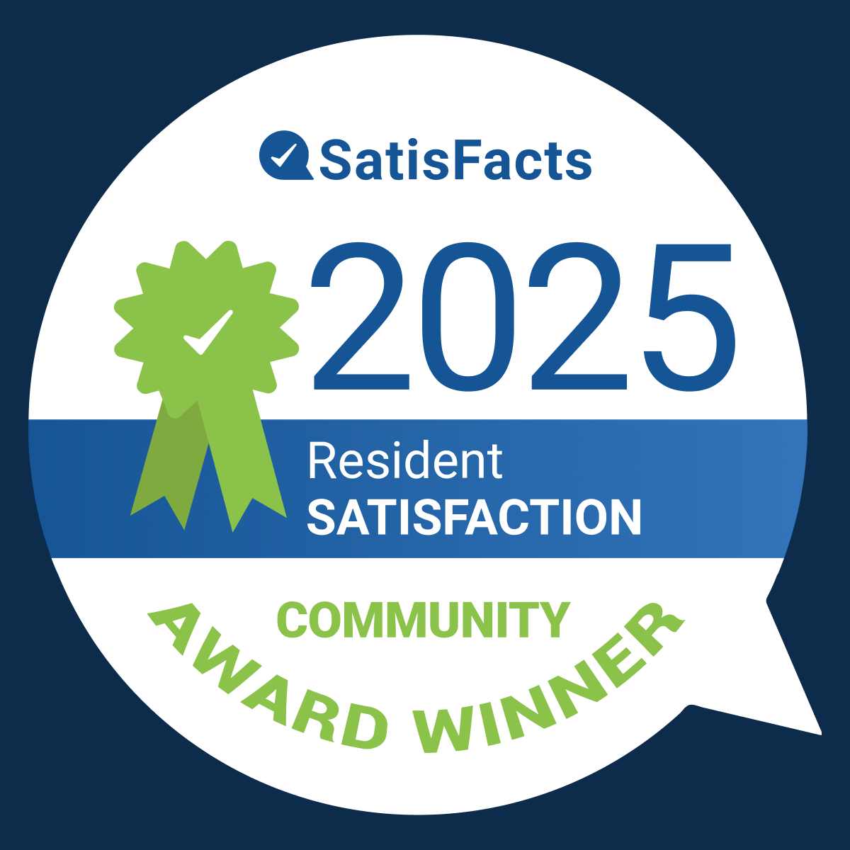 SatisFacts 2025 Resident Satisfaction Community Award Winner badge: Blue, white, and green with a ribbon.