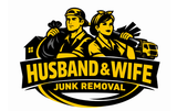 Logo: husband and wife removing junk. Man holding trash bag, woman with debris, truck in background.