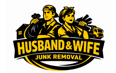 Logo: husband and wife removing junk. Man holding trash bag, woman with debris, truck in background.