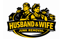 Logo: husband and wife removing junk. Man holding trash bag, woman with debris, truck in background.